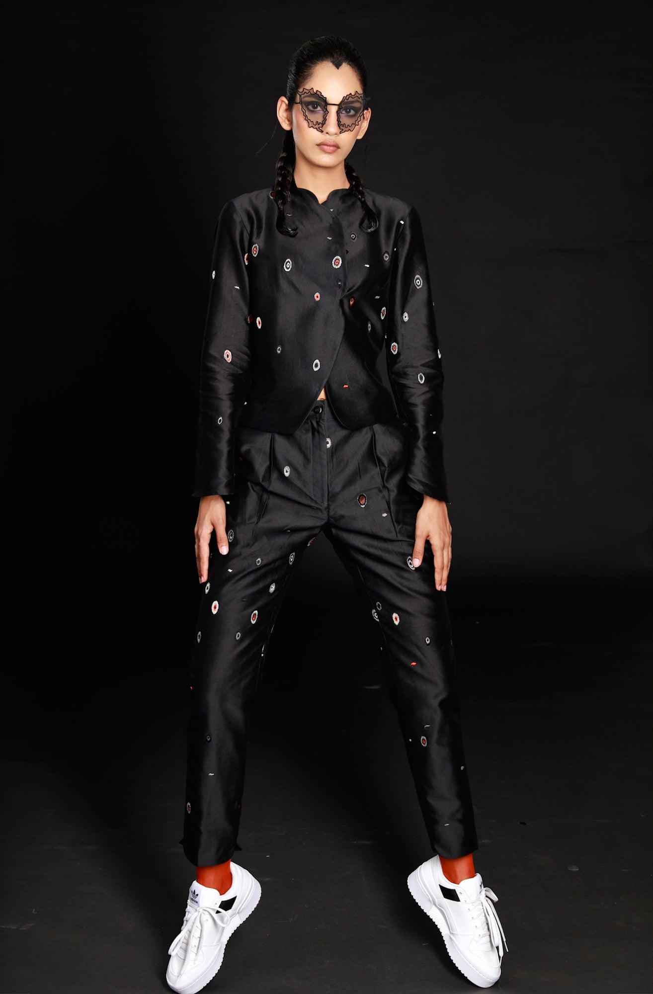 Cluster Eyes Embroidered Black Trousers-Antar-Agni